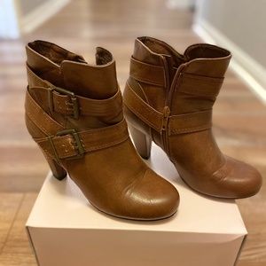 Faux brown leather buckle booties